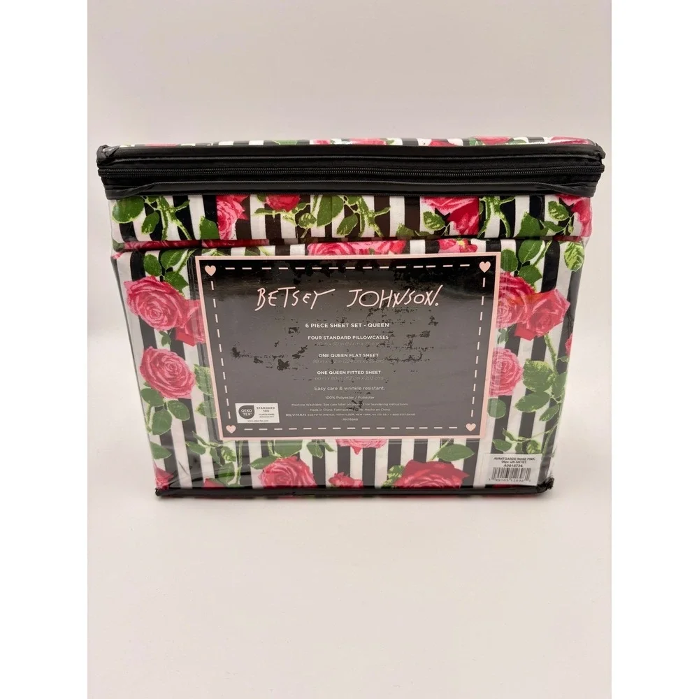 Betsey Johnson Queen Sheet Set 6pc Avantgarde Rose Pink Floral Stripe